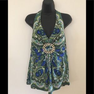 Cache  Paisley Halter Top with Gold Embelishment.